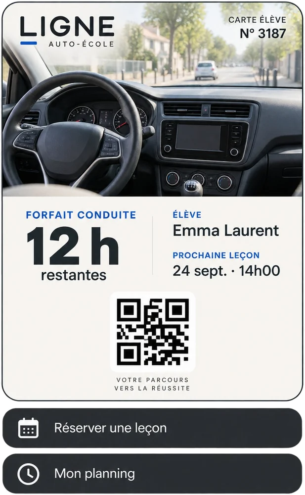 Maquette de carte Wallet pour une auto-école fictive : heures de conduite restantes et prochaine leçon