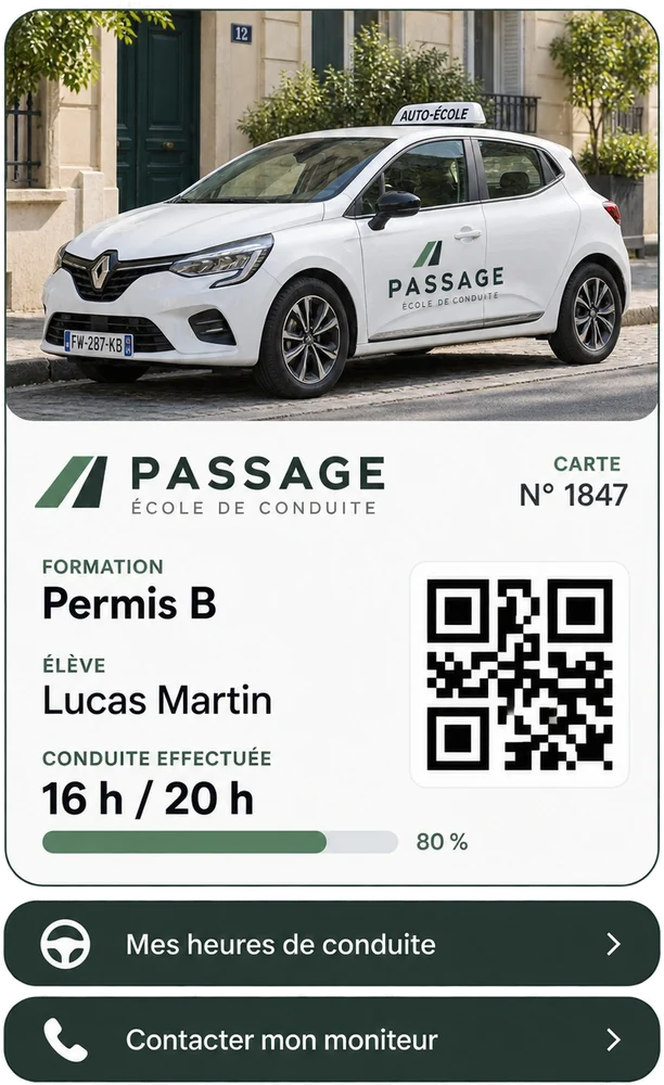 Maquette de carte Wallet pour une école de conduite fictive : progression du permis B
