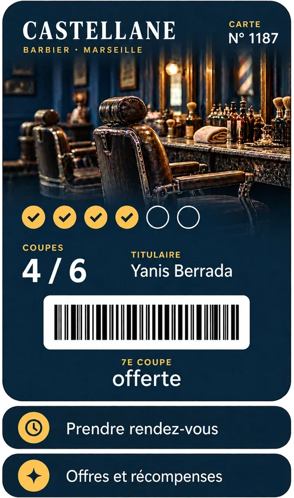 Maquette de carte Wallet pour un barbier fictif, avec ses deux boutons : prendre rendez-vous, offres et récompenses
