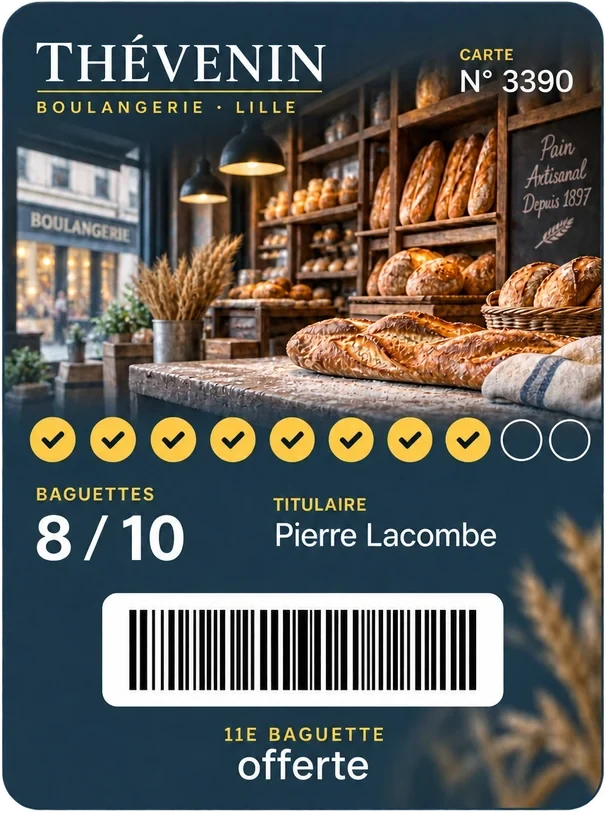 Maquette de carte Wallet pour une boulangerie fictive : huit tampons sur dix, la onzième baguette offerte