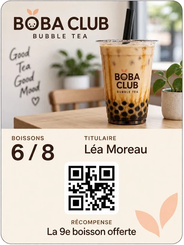 Maquette de carte Wallet pour un bar à bubble tea fictif : six boissons sur huit, la neuvième offerte