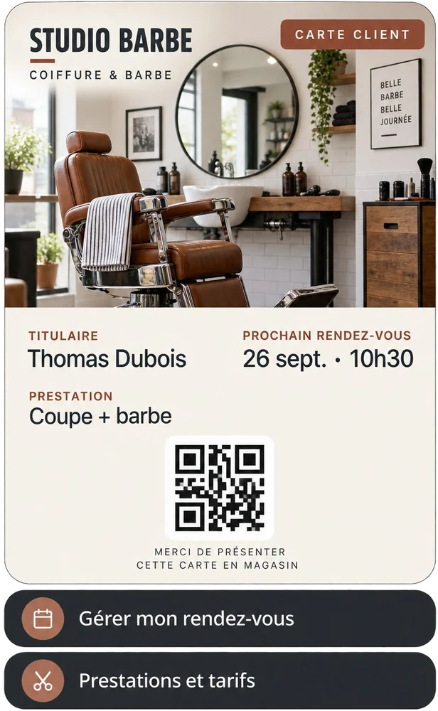 Maquette de carte Wallet pour un salon de coiffure fictif : prochain rendez-vous et prestation réservée