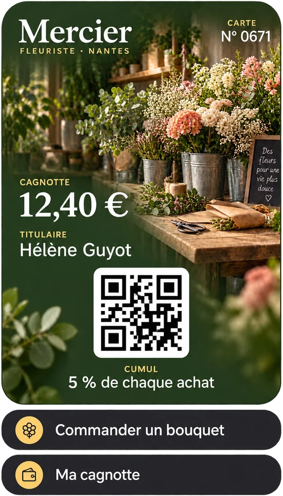 Maquette de carte Wallet pour un fleuriste fictif : cagnotte alimentée à chaque achat