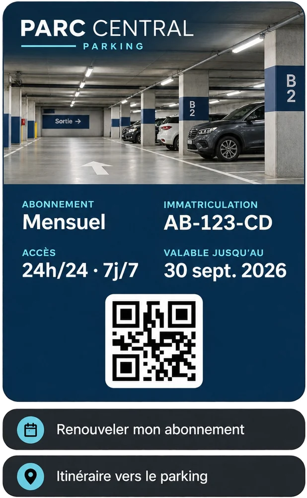 Maquette de carte Wallet pour un parking fictif : abonnement mensuel et date de validité