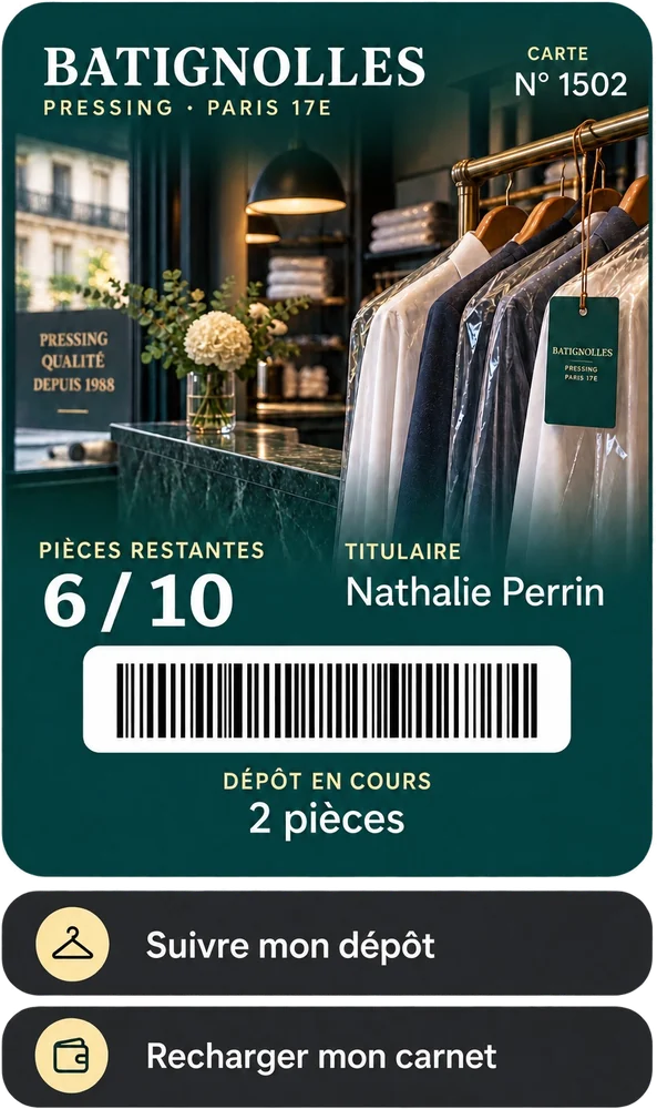 Maquette de carte Wallet pour un pressing fictif : pièces restantes et dépôt en cours