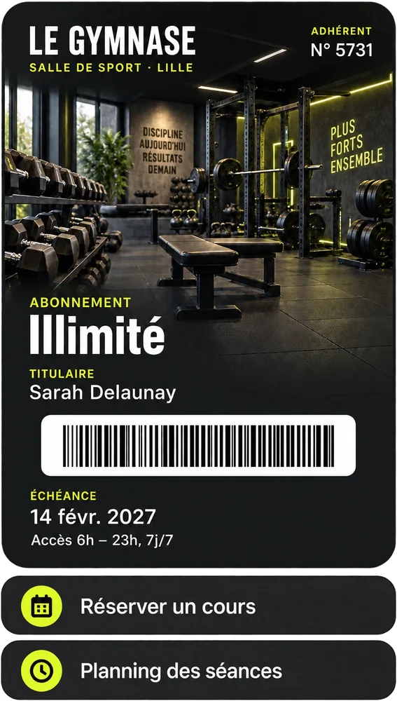 Maquette de carte Wallet pour une salle de sport fictive : abonnement et code-barres d'accès
