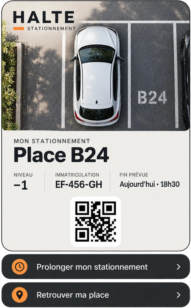 Maquette de carte Wallet pour un stationnement fictif : place réservée et heure de fin